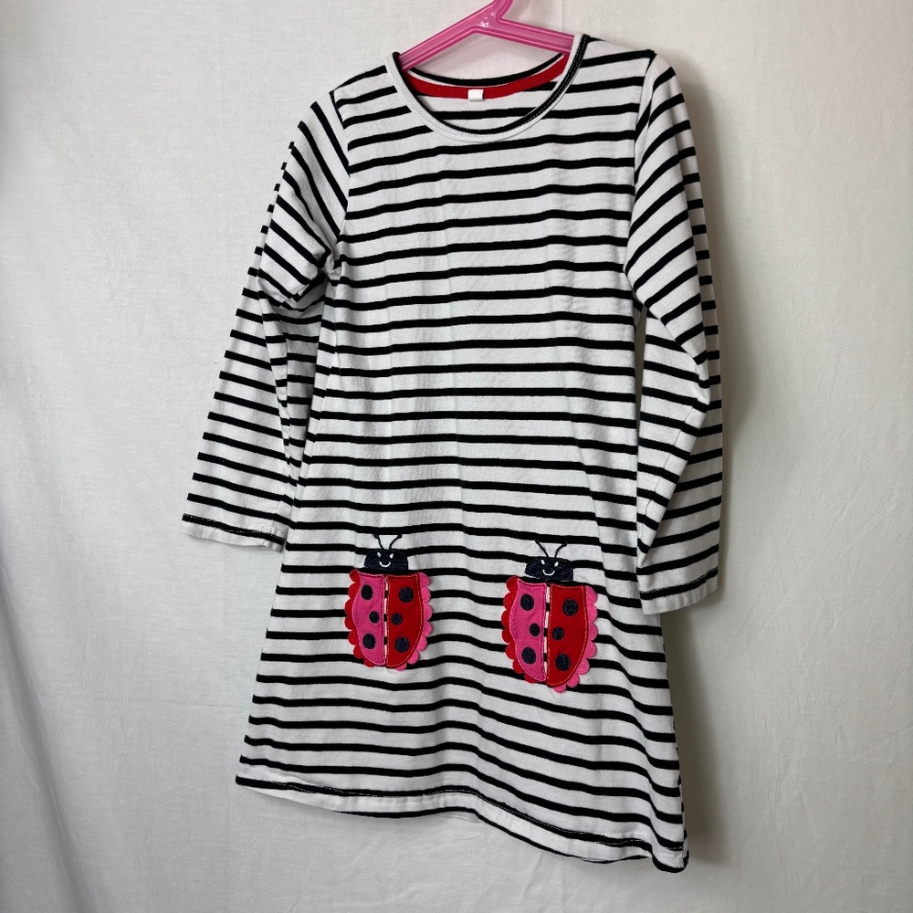 Boden Style Girls Dress Black & White Striped Long Sleeve Lady Bug Appliqué Sz 8